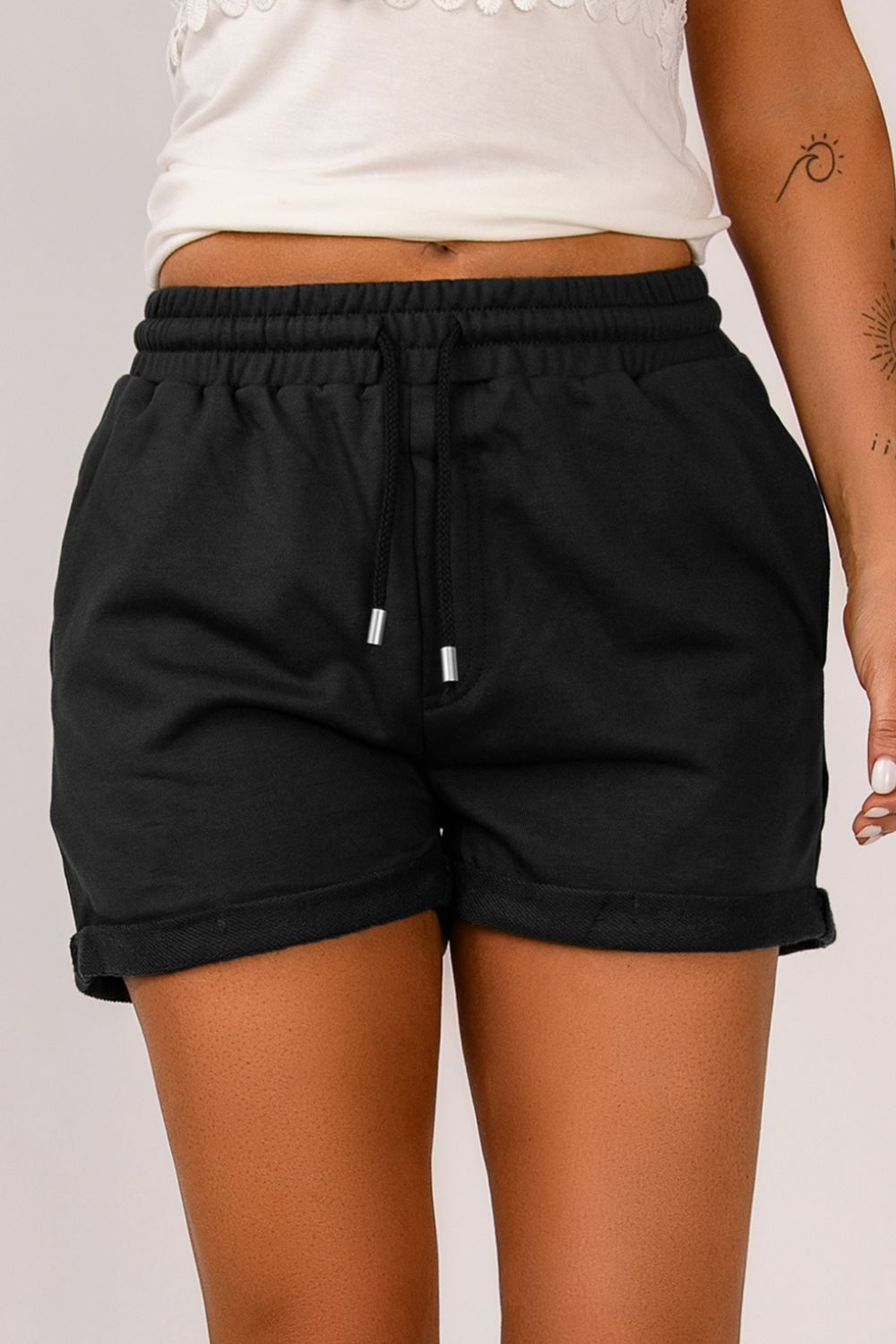 Drawstring Cuffed Shorts with Pockets