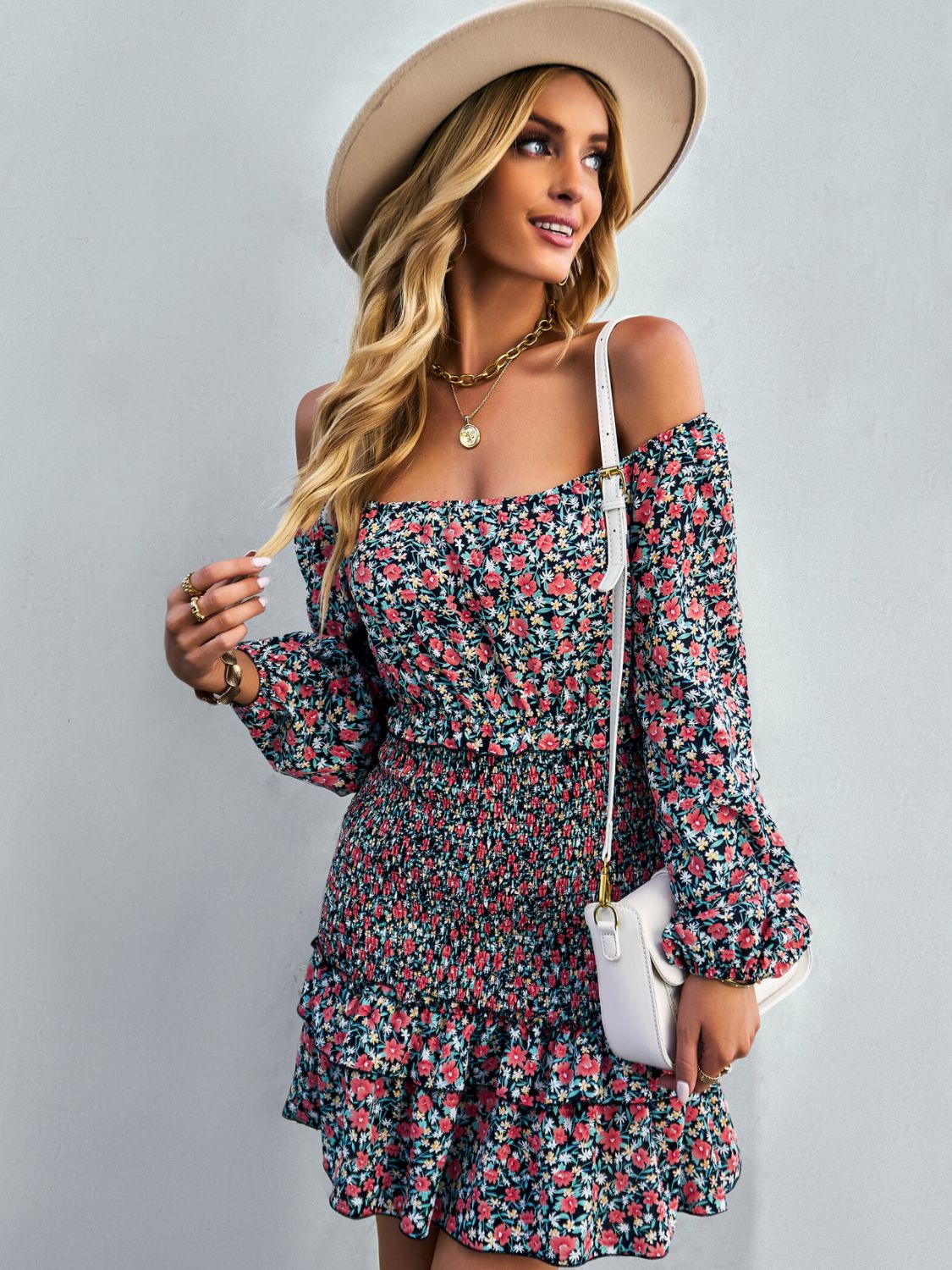 Floral Smocked Off-Shoulder Ruffled Dress