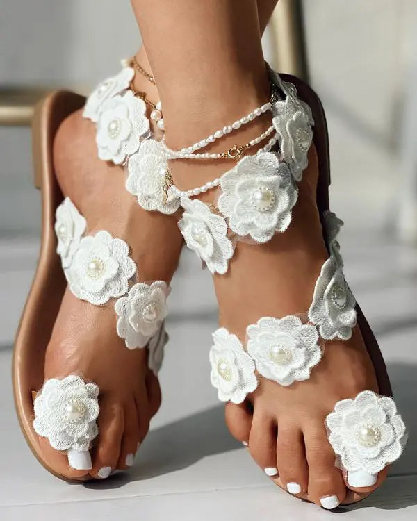 Lace Floral Pattern Toe Post Bohemian Beach Sandals