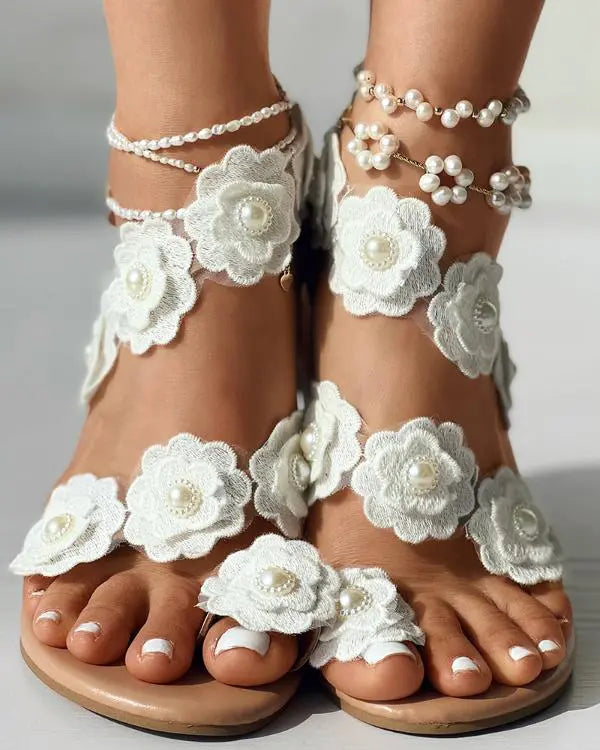 Lace Floral Pattern Toe Post Bohemian Beach Sandals