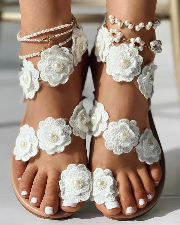 Lace Floral Pattern Toe Post Bohemian Beach Sandals