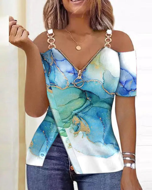 Ombre Split Hem Cold Shoulder Top