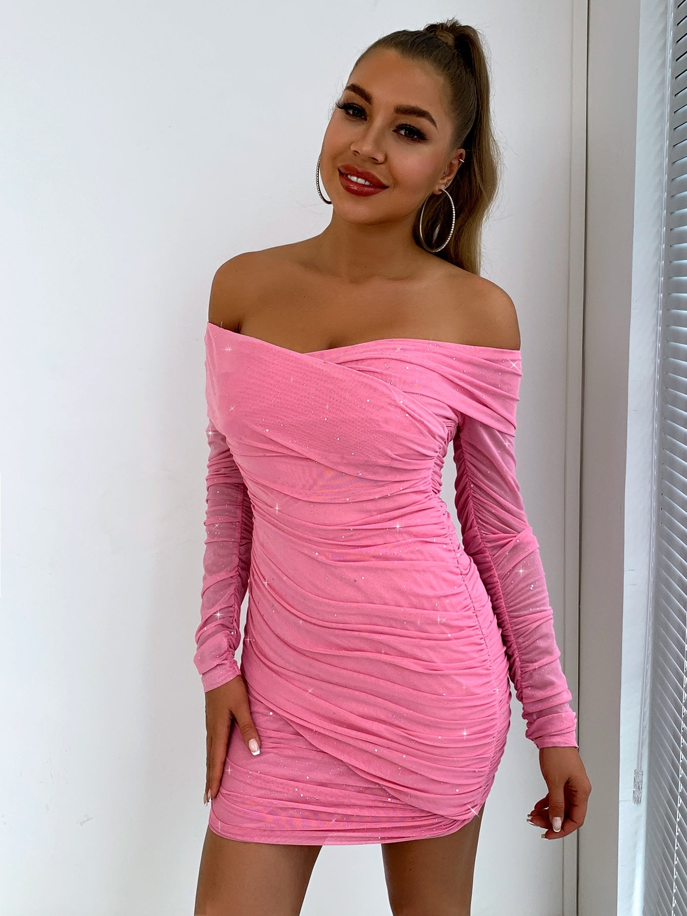 Glitter Off-Shoulder Ruched Bodycon Dress