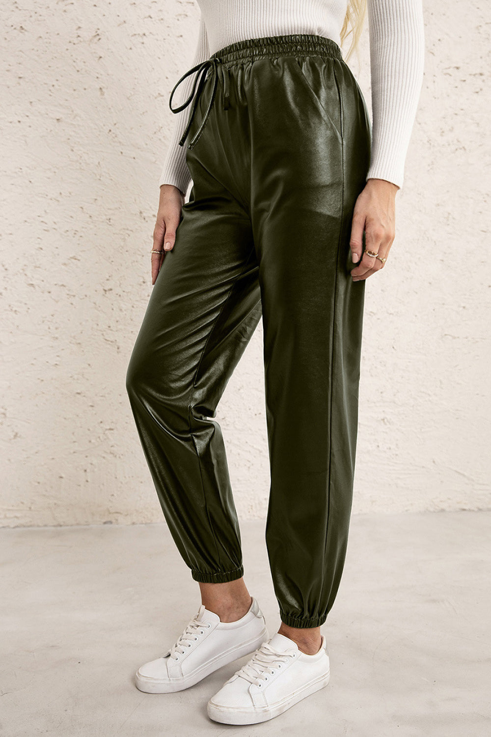 Elastic Waist PU Leather Joggers