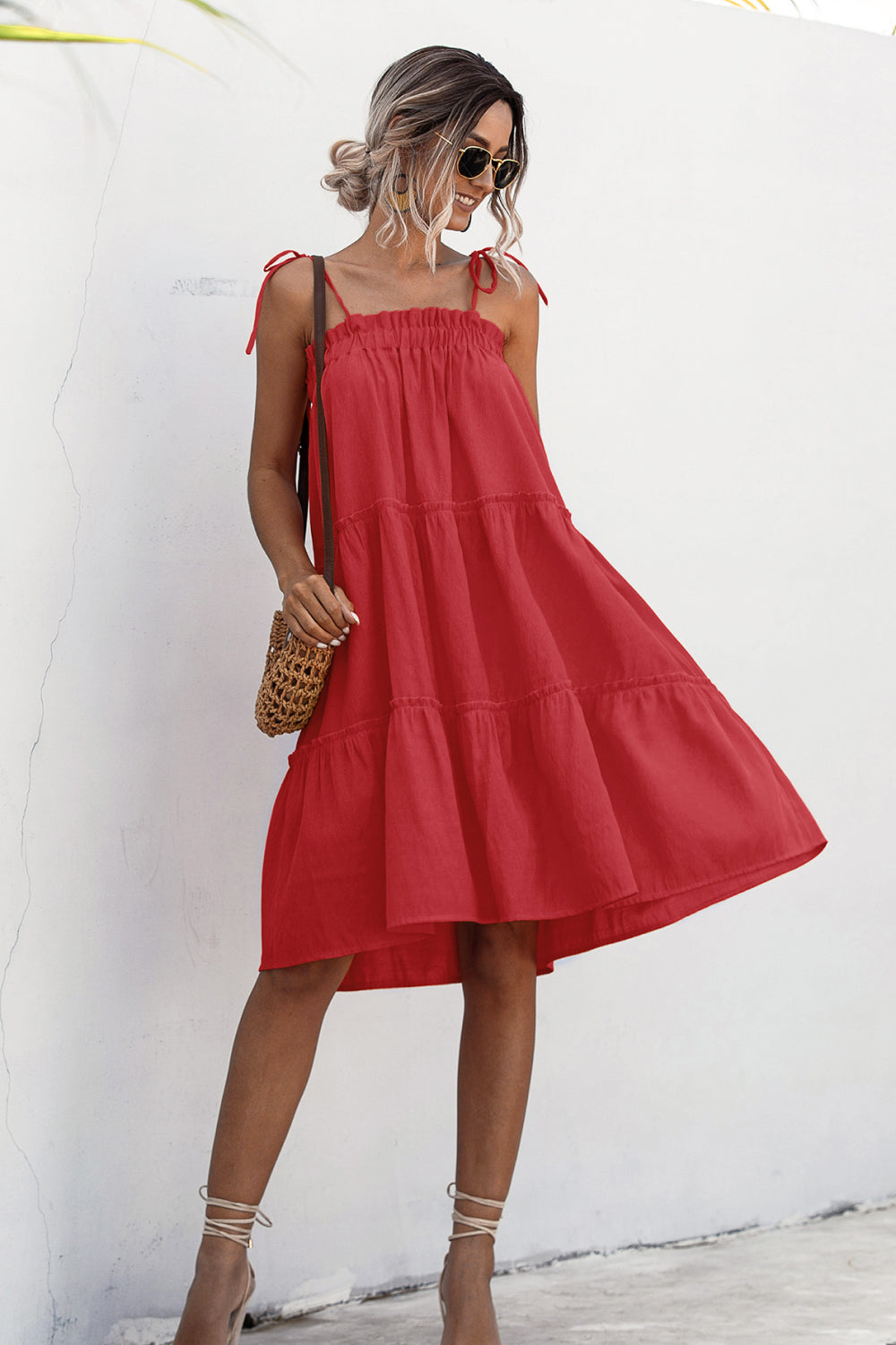 Knotted Strap Ruffle Trim Smock Dress