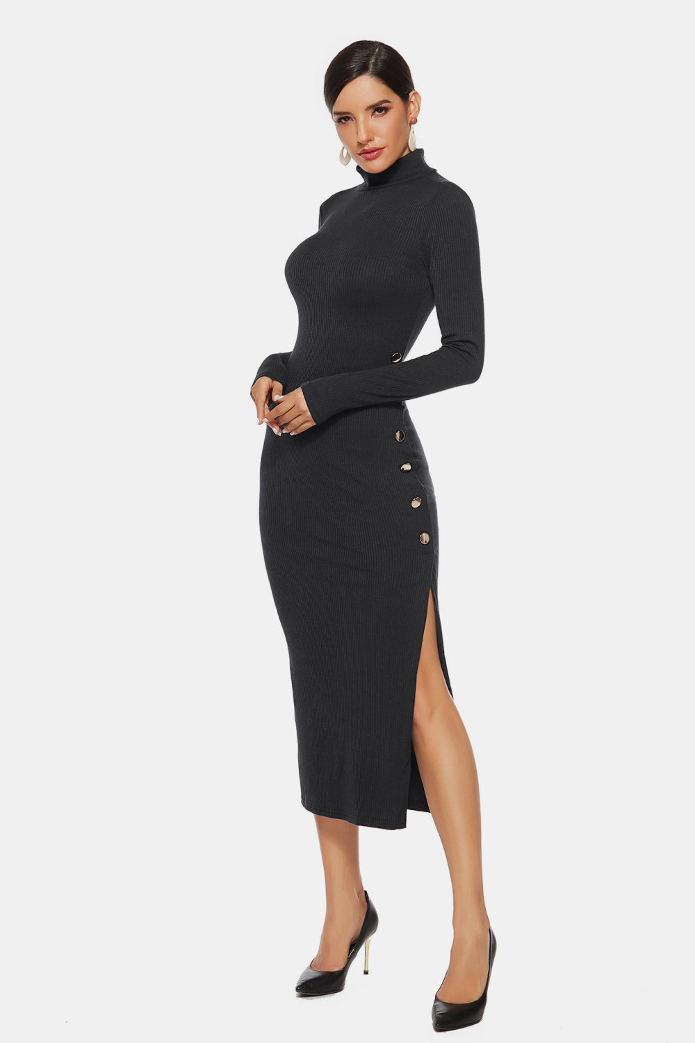 High Neck Split Button Sweater Dress