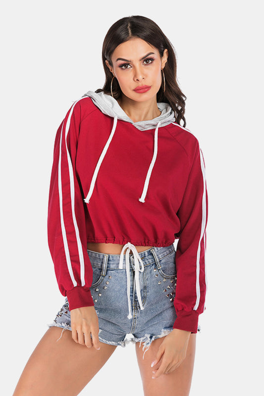 Full Size Side Stripe Drawstring Hem Cropped Hoodie