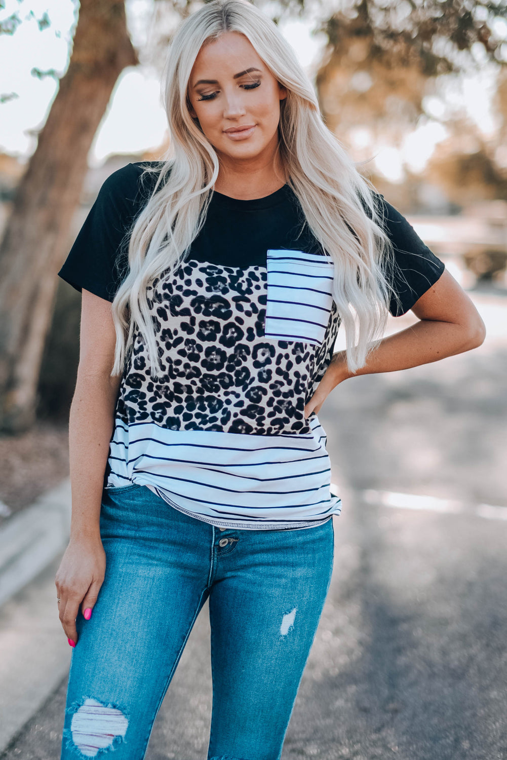 Mixed Print Color Block Round Neck Tee Shirt