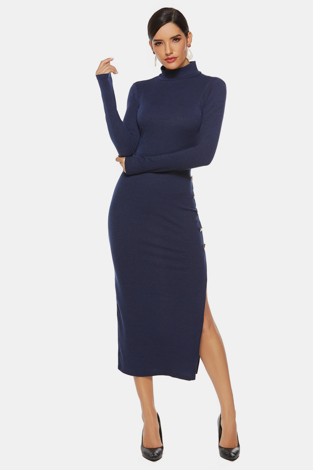 High Neck Split Button Sweater Dress