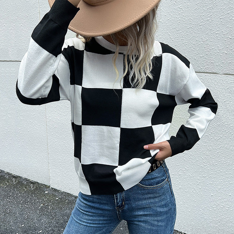 Checkered Dropped Shoulder Knit Pullover