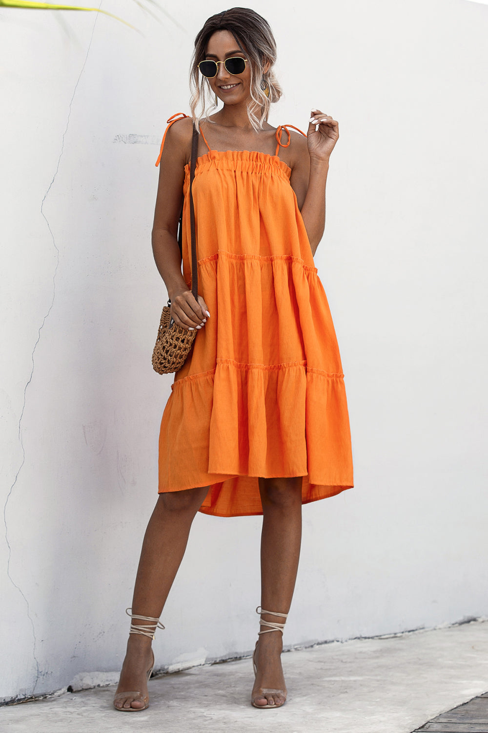 Knotted Strap Ruffle Trim Smock Dress