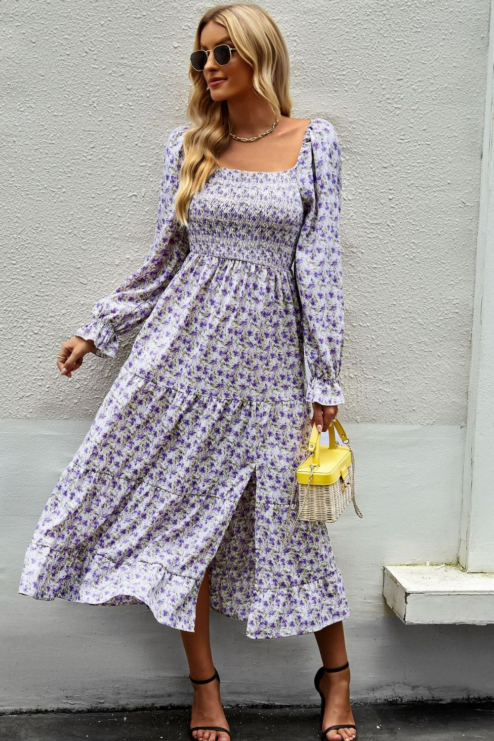 Floral Smocked Square Neck Slit Midi Dress