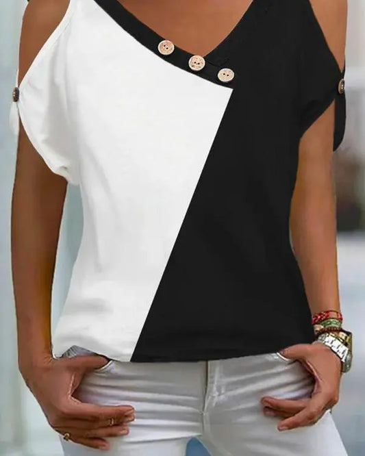 Colorblock Button Decor Cold Shoulder Top