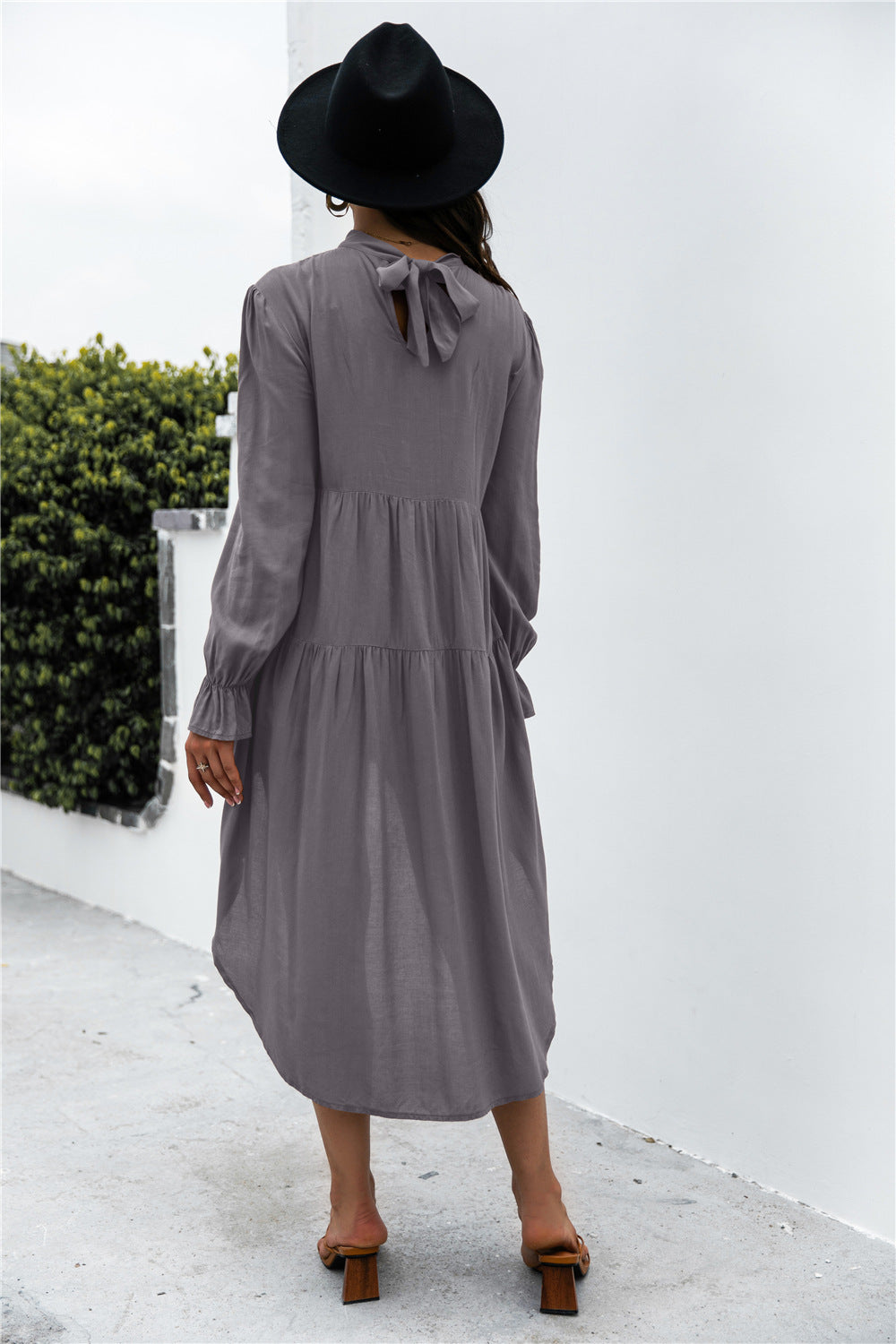 Solid Asymmetrical Patch Pleated Dress