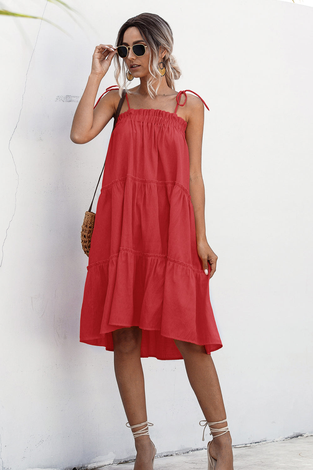 Knotted Strap Ruffle Trim Smock Dress