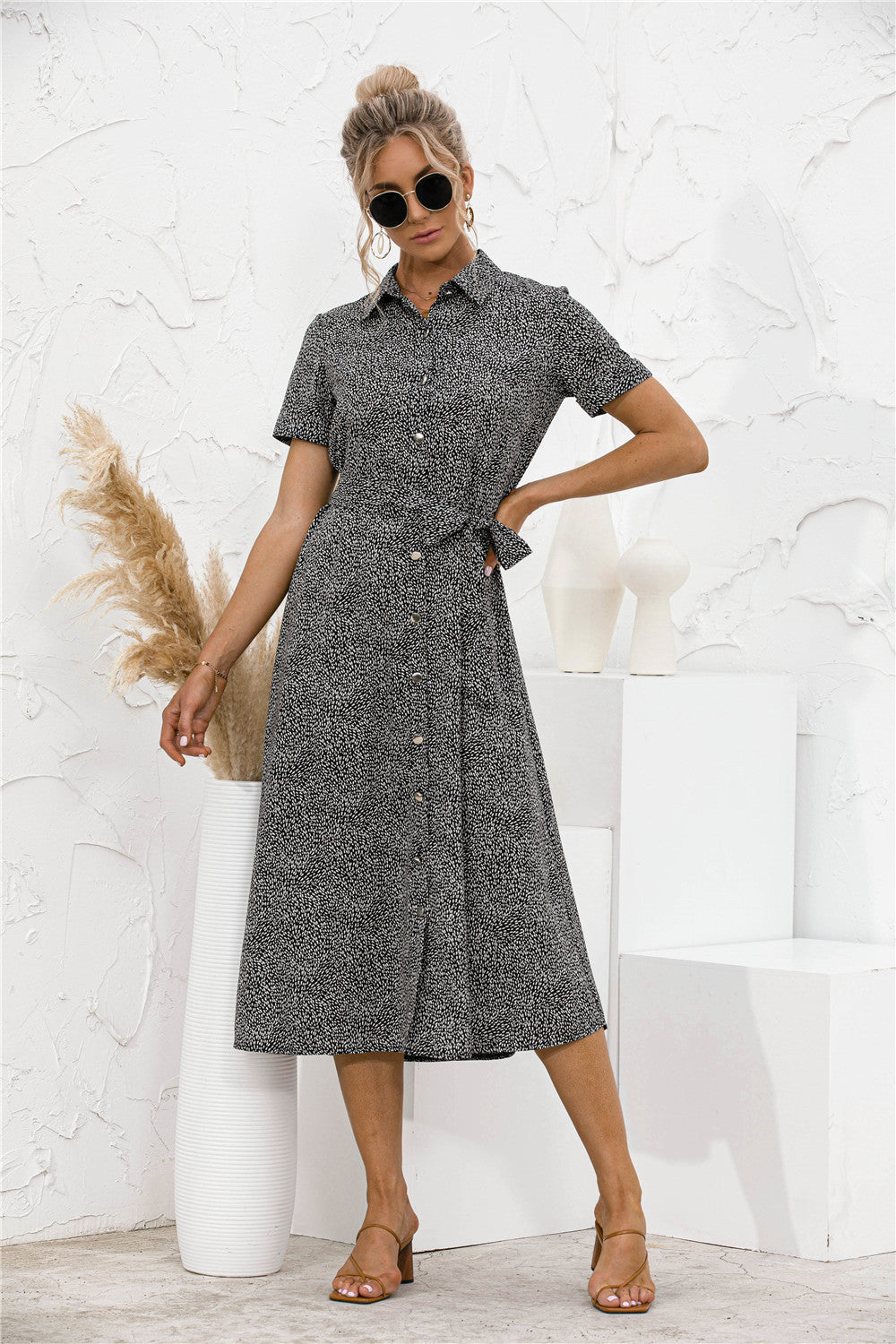 Button Front Belted Shirt Dress