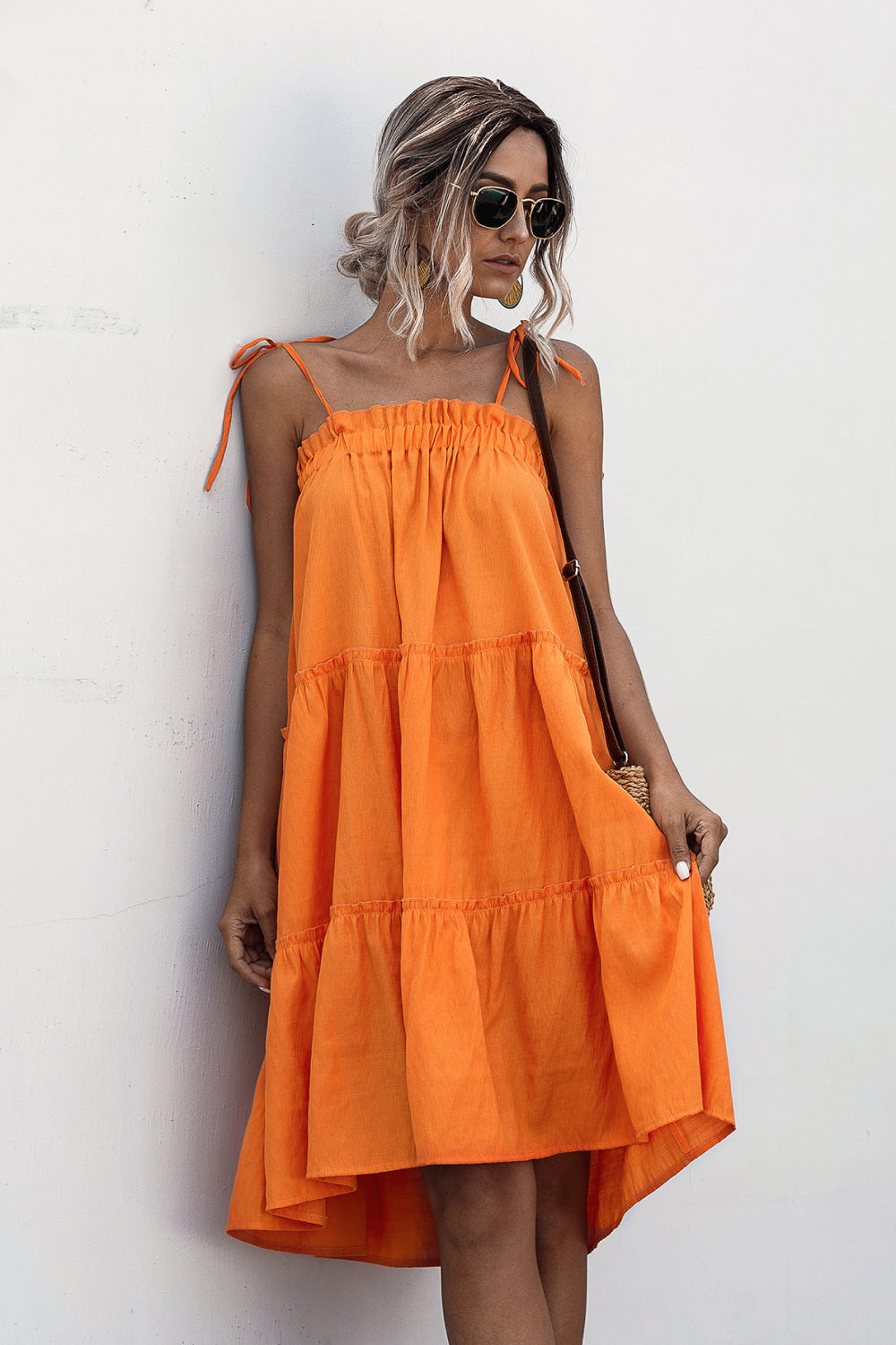 Knotted Strap Ruffle Trim Smock Dress