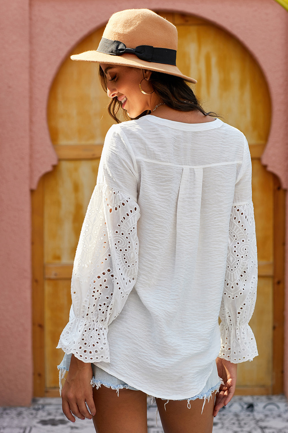 Eyelet Sleeve Button Down Top