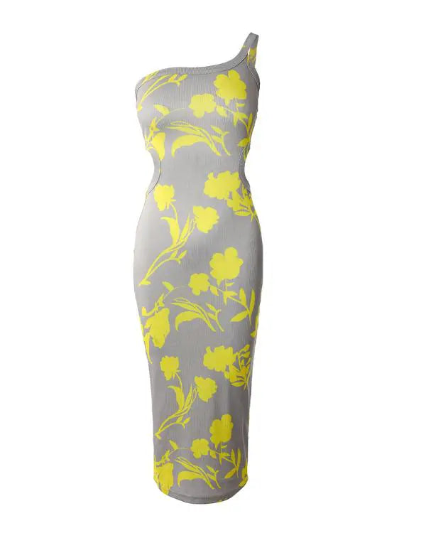 Vestido Bodycon com nervuras e recorte de um ombro com estampa floral