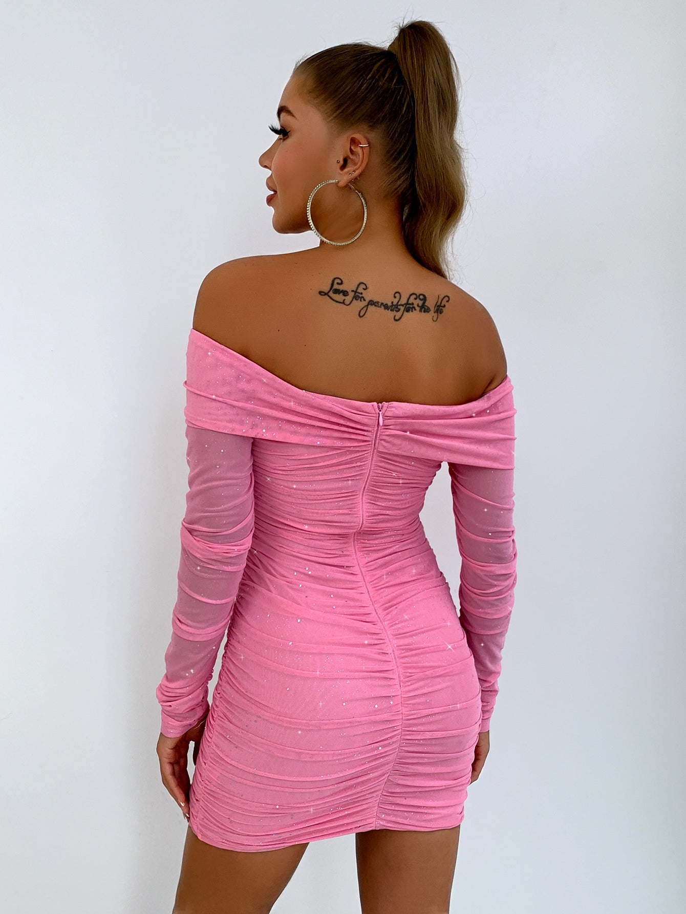 Glitter Off-Shoulder Ruched Bodycon Dress