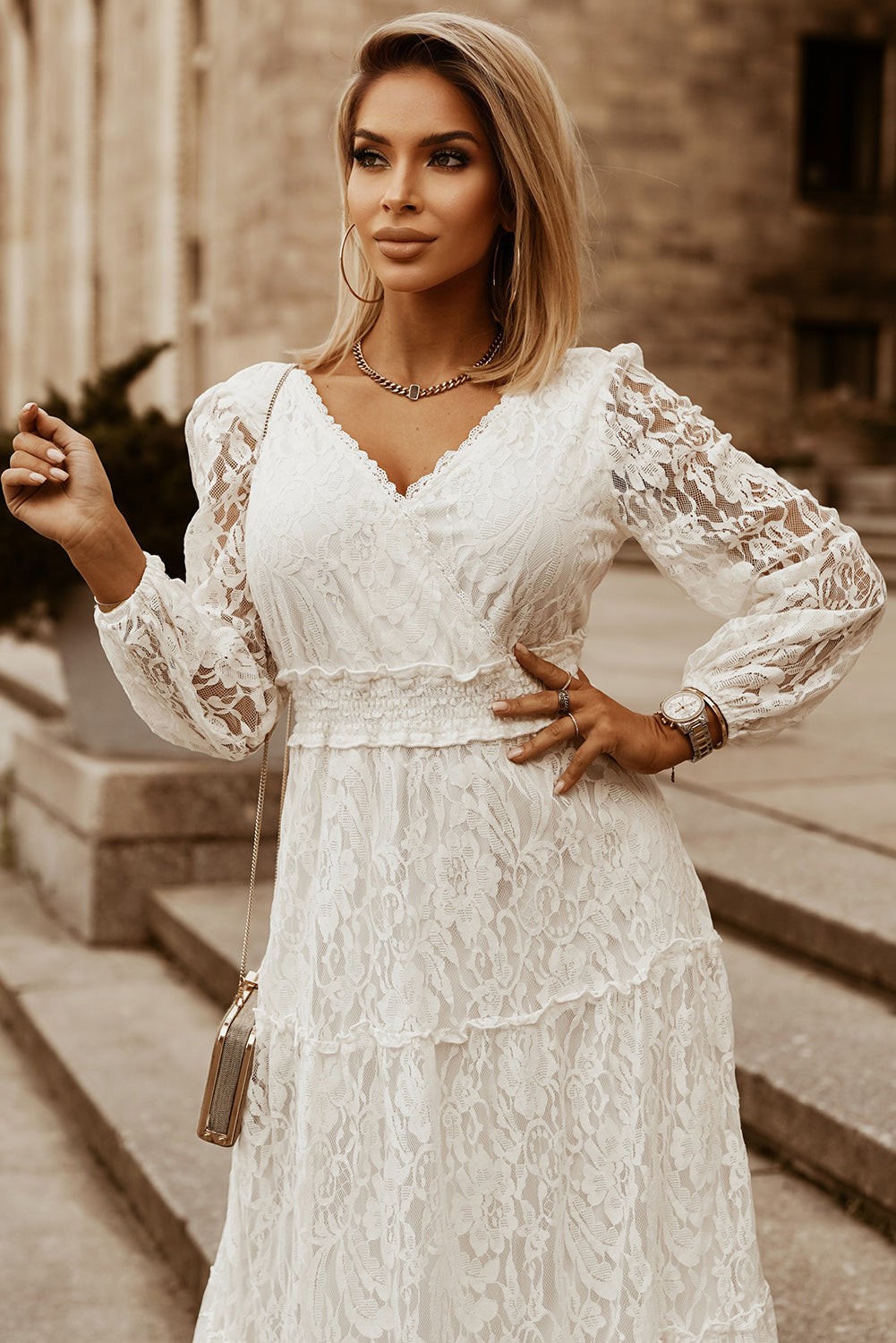 Puff Sleeve Tie-Back Lace Surplice Dress