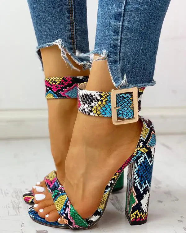 Snakeskin Print Ankle Buckled Chunky Heels