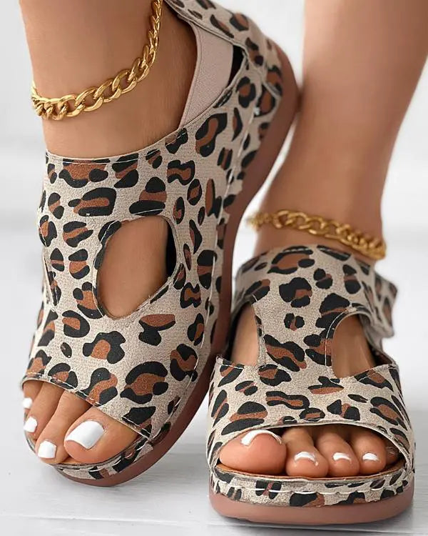 Leopard Peep Toe Hollow Out Sandals