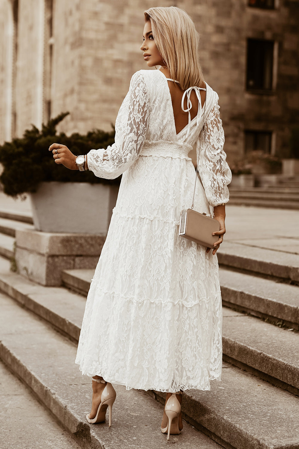 Puff Sleeve Tie-Back Lace Surplice Dress