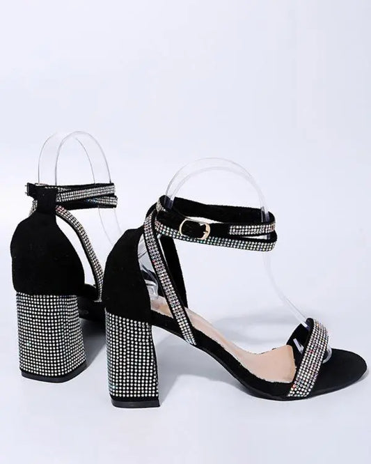 Rhinestone Ankle Strap Chunky Heels