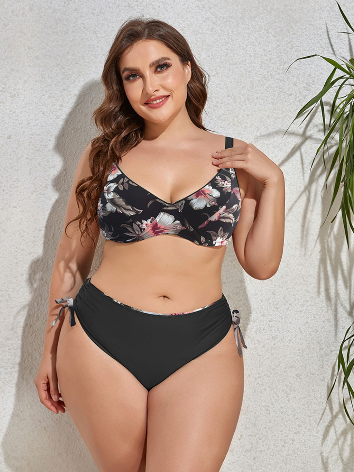 Plus Size Printed V-Neck Drawstring Bikini Set