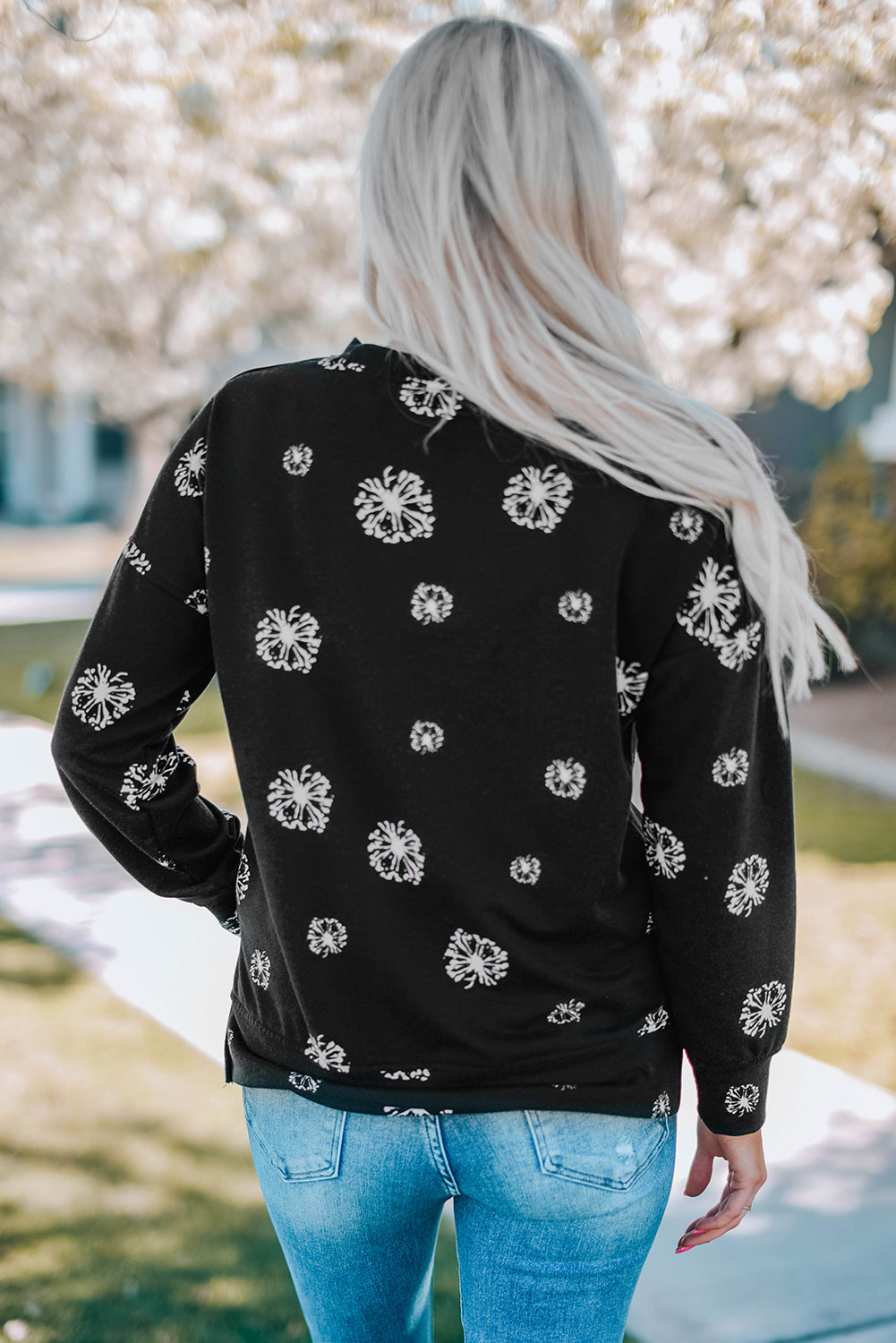 Dandelion Print Round Neck Slit Sweatshirt