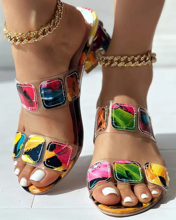 Colorful Geo Applique Chunky Heeled Sandals