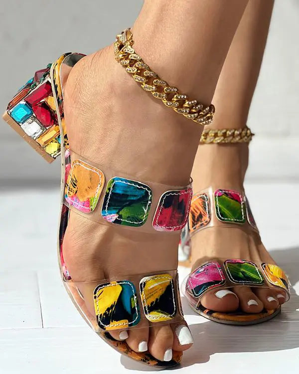 Colorful Geo Applique Chunky Heeled Sandals