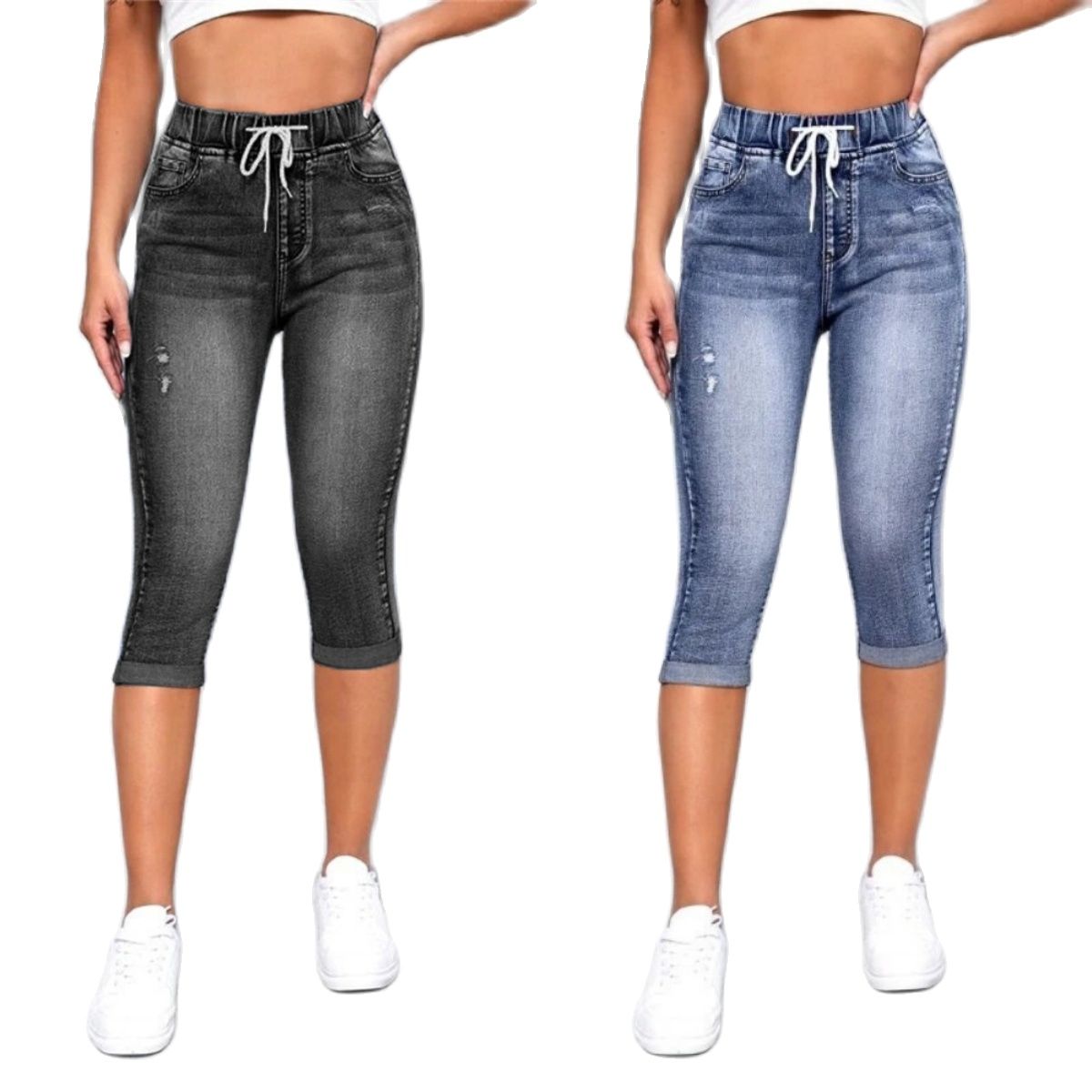 2023 New Black and Blue Elastic Waist Women Ripped Calf-Length Jeans Fashion High Stretch Skinny Slim Denim Pencil Pants S-2XL