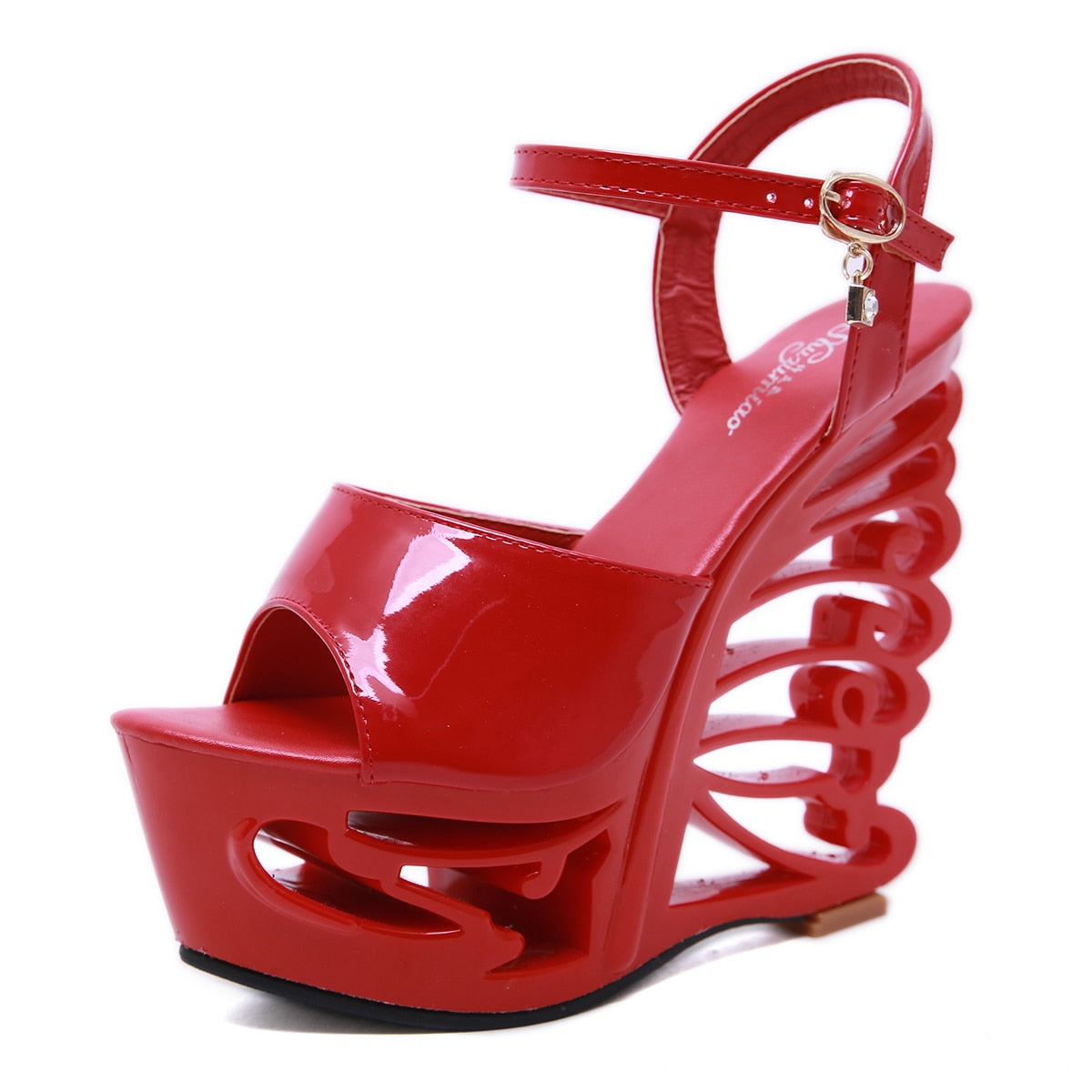 New Summer Sexy Women Fashion Patent Leather Buckle Strap Shoes Platform Special Wedges High Heel Sandals Casual Slippers X0012