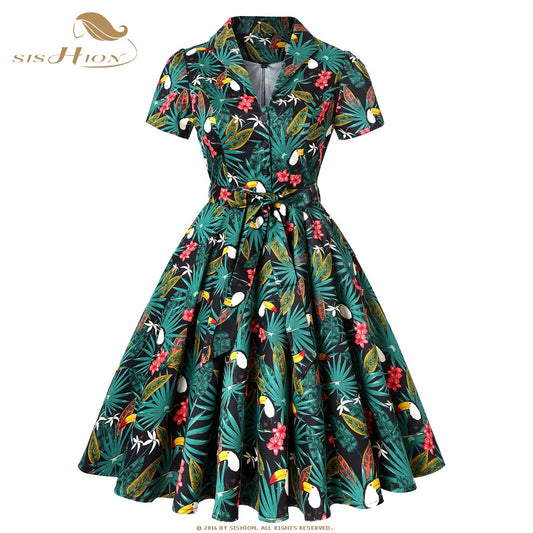 SISHION Toucan Palm Flower Print Vintage Dress 2023 Floral Cotton Tunic Women Ladies Swing Rockabilly Dresses SD0002