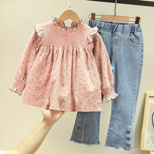 Children'S Clothing 2022 Spring Autumn New Floral Cute Baby Shirt +Denim Bell Bottom Jeans Pants Casual Sweet Girls Clothes Suit