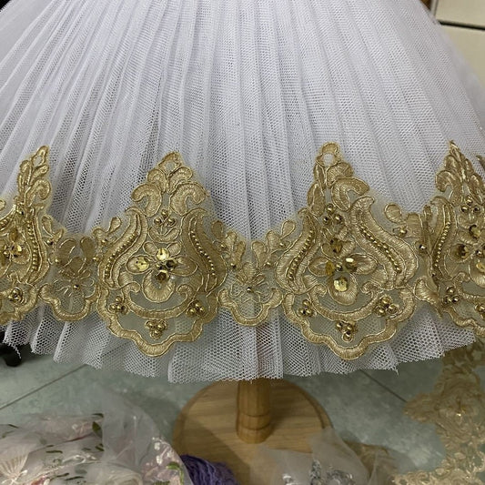 1Yard Gold Cording Fabric Flower Venise Venice Sequins Mesh Lace Trim Applique Sewing DIY Craft For Bride Wedding Dresses