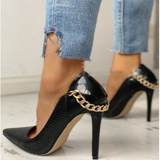 Women&#39;s Large Fashion Single Shoes 2021 New European And American Style Pointed Metal Decorative High And Thin Heels