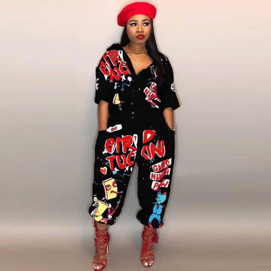 2020 New Style Brand Fashion Hip Hop Style Women Jumpsuit Special Letter Turn Down Collar Half Sleeve Romper Jumpsuit