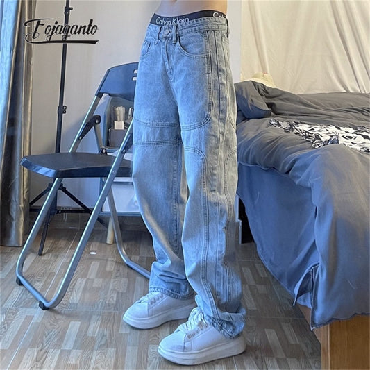 FOJAGANTO Men&#39;s Jean Pants National Tide Retro Straight Wide-Leg Blue Jeans Loose Casual Couple High Street Denim Pants Male