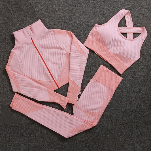 Seamless Tracksuit Women Bra Top And Legging Three Piece Set Fitness Outfits For Women Long Sleeve  Jogging Femme Matching Sets