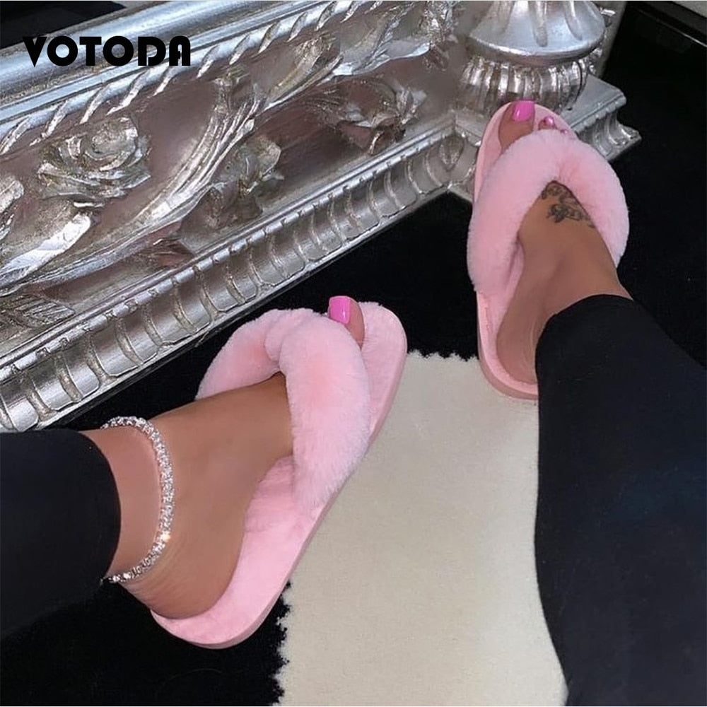 Winter Women Home Slippers Faux Fur Warm Slides Indoor Floor Plush Flip Flops Woman Soft Cotton Slippers Non-slip Flat Shoes