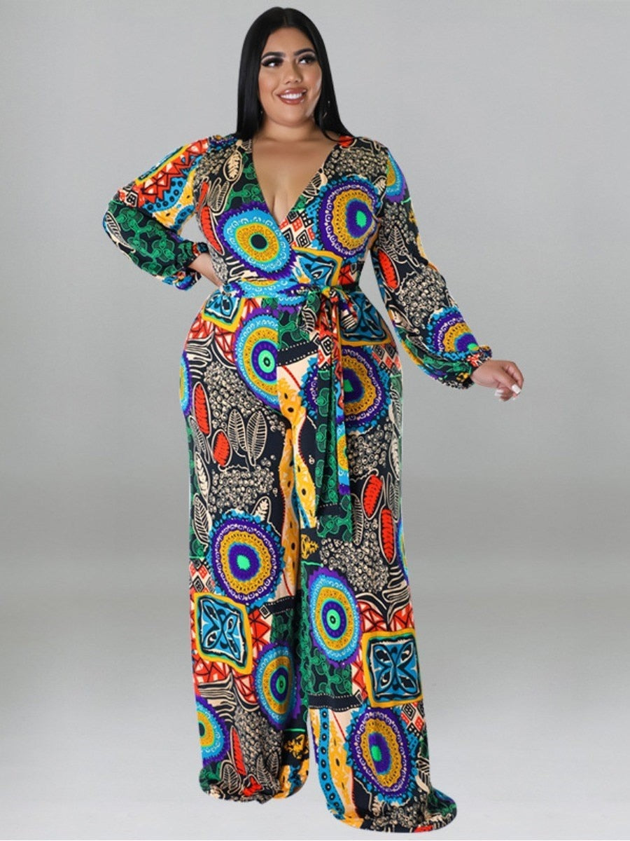 LW Plus Size Mixed Print Bandage Design Wide Leg Jumpsuit Graffiti Element V Neck High Stretchy Wide Leg Long sleeve Jumpsuit