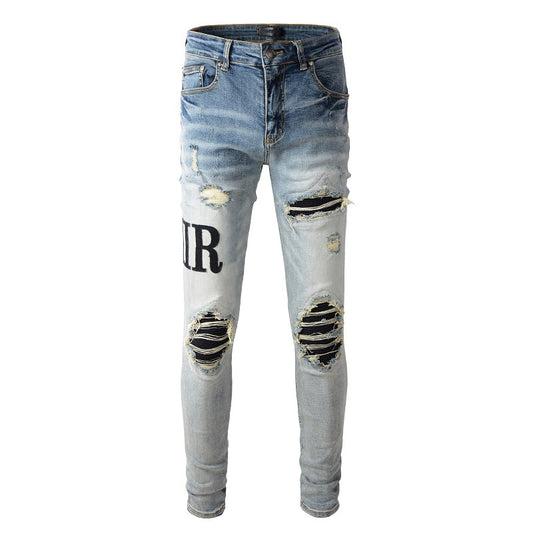 Men&#39;s Light Blue Distressed Patch Streetwear Fashion Slim Embroidered Leather Letter Pattern Damaged Skinny Stretch Ripped Jeans