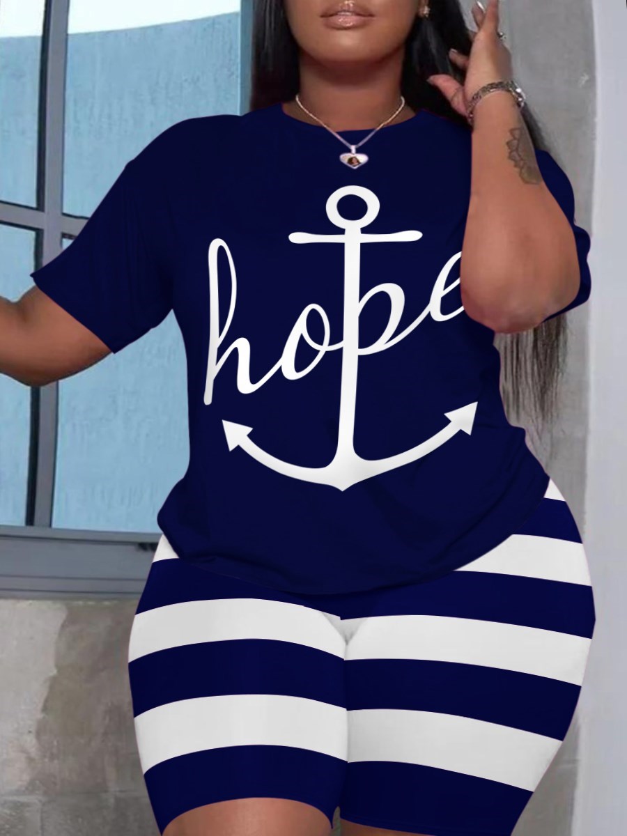 LW Plus Size Two Piece Women Clothes   Casual Hope Letter Print O-neck Tees+ Sporty Stretch Striped Shorts Set