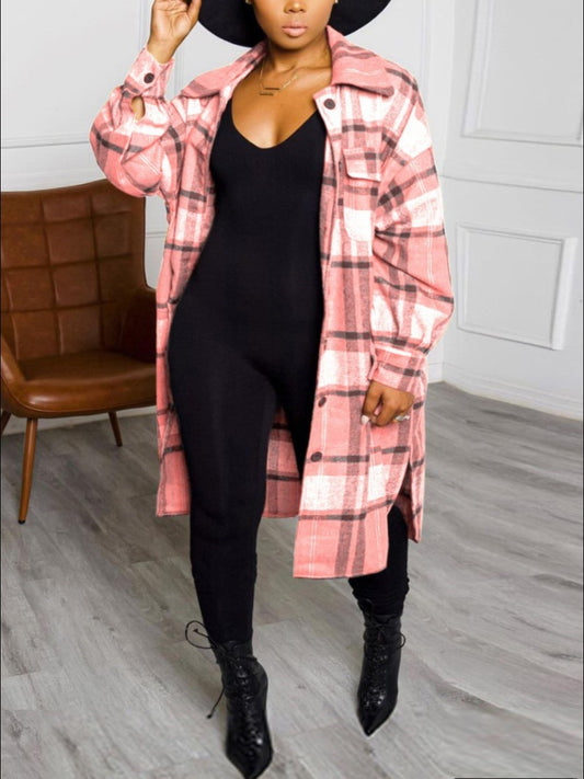 LW Plus Size Plaid Print Side Split Woolen Coat  Regular Sleeve Full Print Turndown Collar Casual women&#39;s Woolen Coat