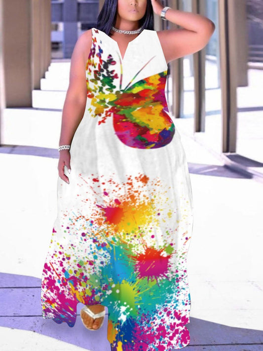 LW Plus Size Women Sleeveless Long dress Splash Ink Butterfly Print Pocket Design Dress Elegent Maxi Dress Summer Beach Dress