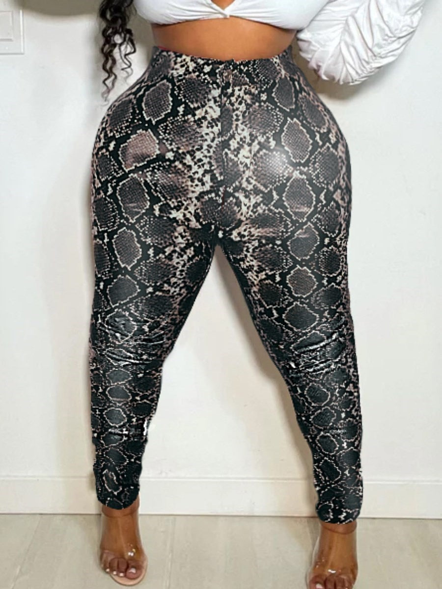 LW Plus Size Faux Leather Cobra Print Pants Pu Leather Pants Women Sexy Snake Print Faux Pants Woman Street Trousers