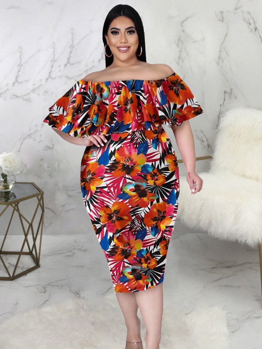 LW Plus Size Dresses Floral Print Flounce Design Bodycon Dress Elegant One Shoulder Bateau Neck party dress women&#39;s A Line skirt